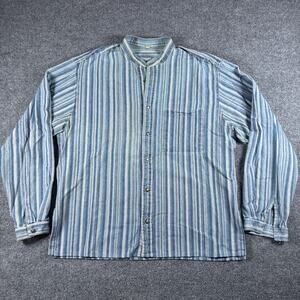 Vintage Mens L Blue White Striped Grandad Collar Shirt Long Sleeve Casual Top
